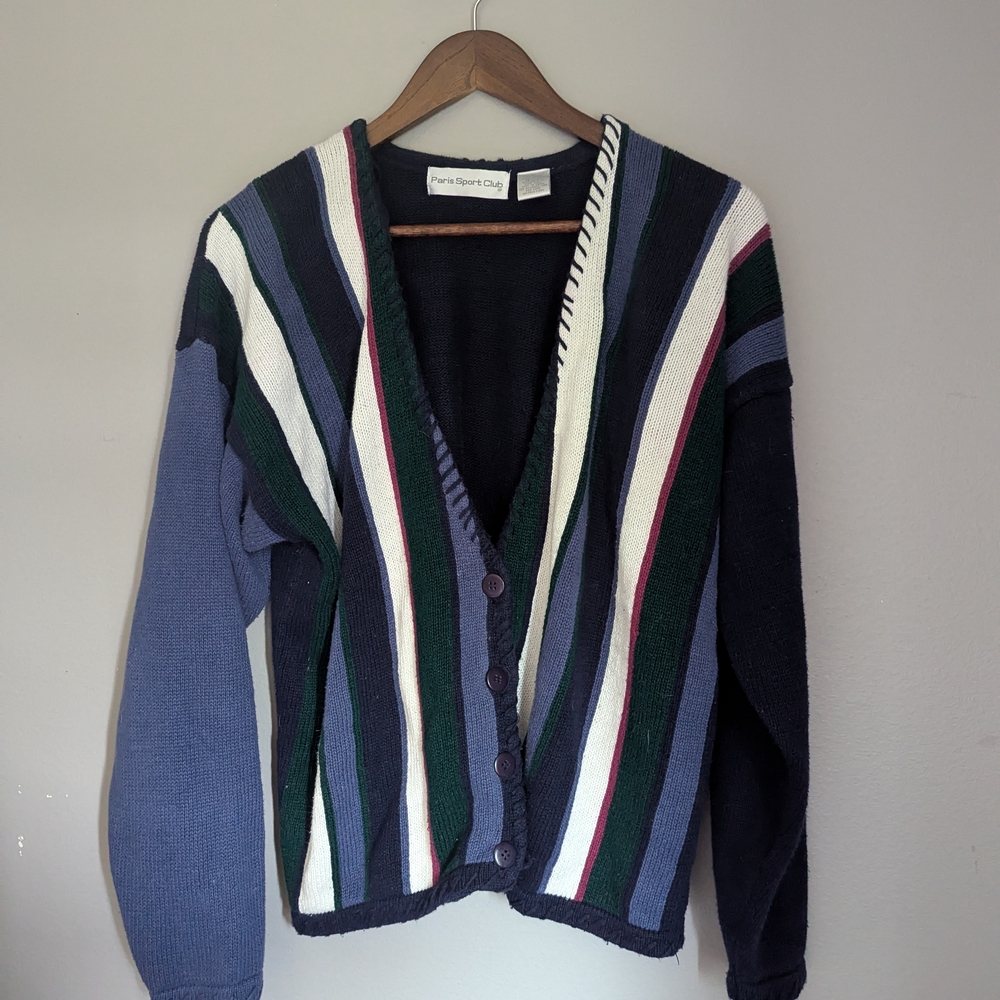 Vintage Blue and Green Striped Cardigan Sweater Paris Sports Club